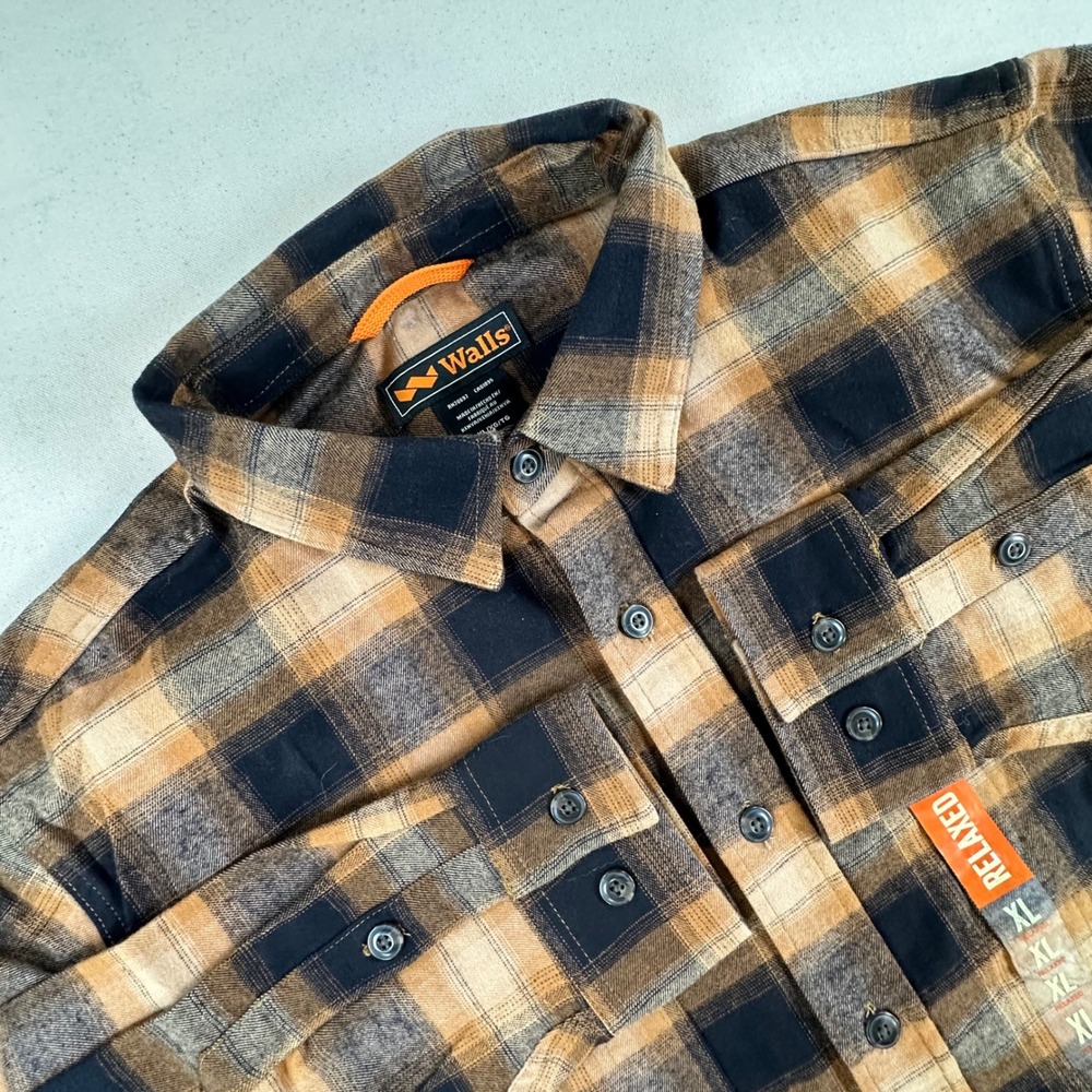 Walls Mens XL Relaxed Fit Plaid Flannel Shirt Orange Black Stretch YL860BPO